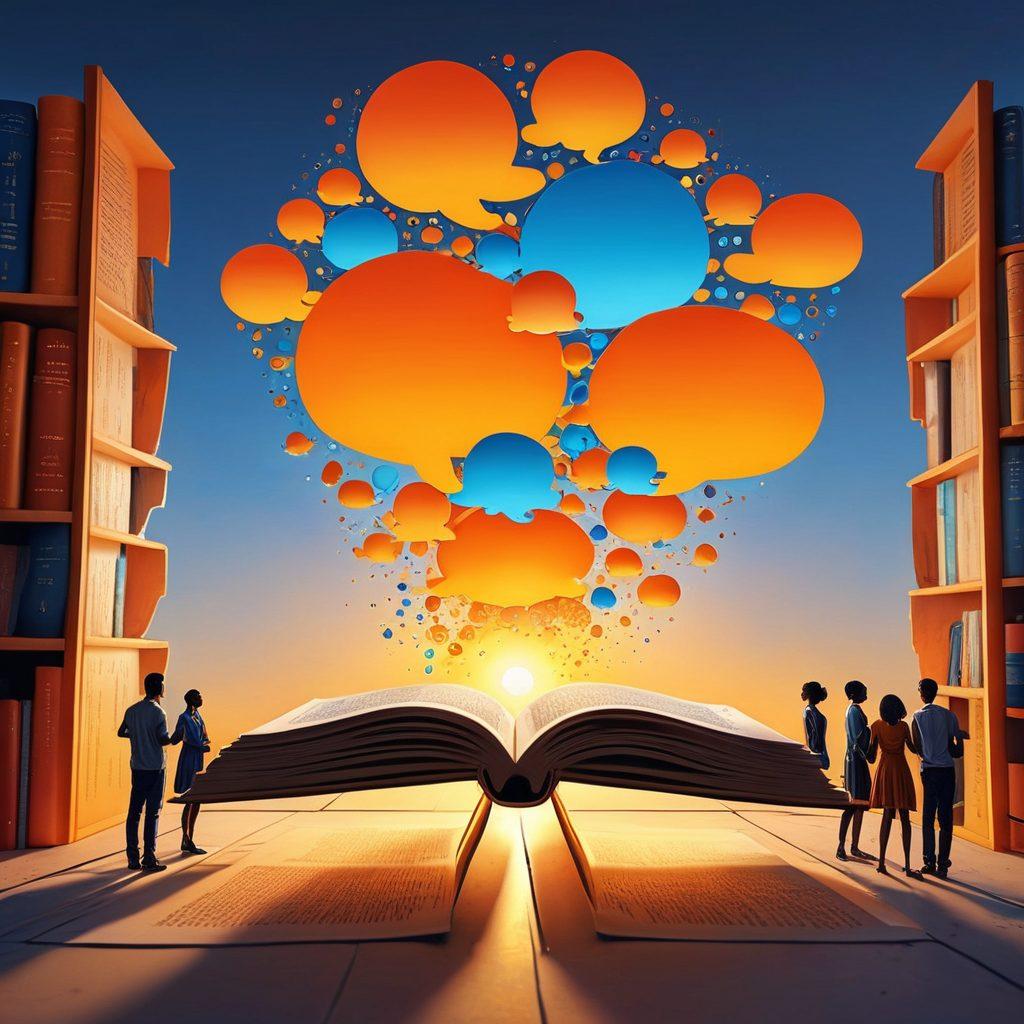 A visually striking image of a sturdy foundation made of glowing books and knowledge symbols, rising above a diverse group of people engaged in learning and sharing ideas. Surrounding the foundation are thought bubbles depicting various insights and discoveries. The backdrop features a sunrise symbolizing new awareness and enlightenment. The color palette is warm and inviting, with vibrant hues of orange, yellow, and blue. digital art. vibrant colors. 3D.