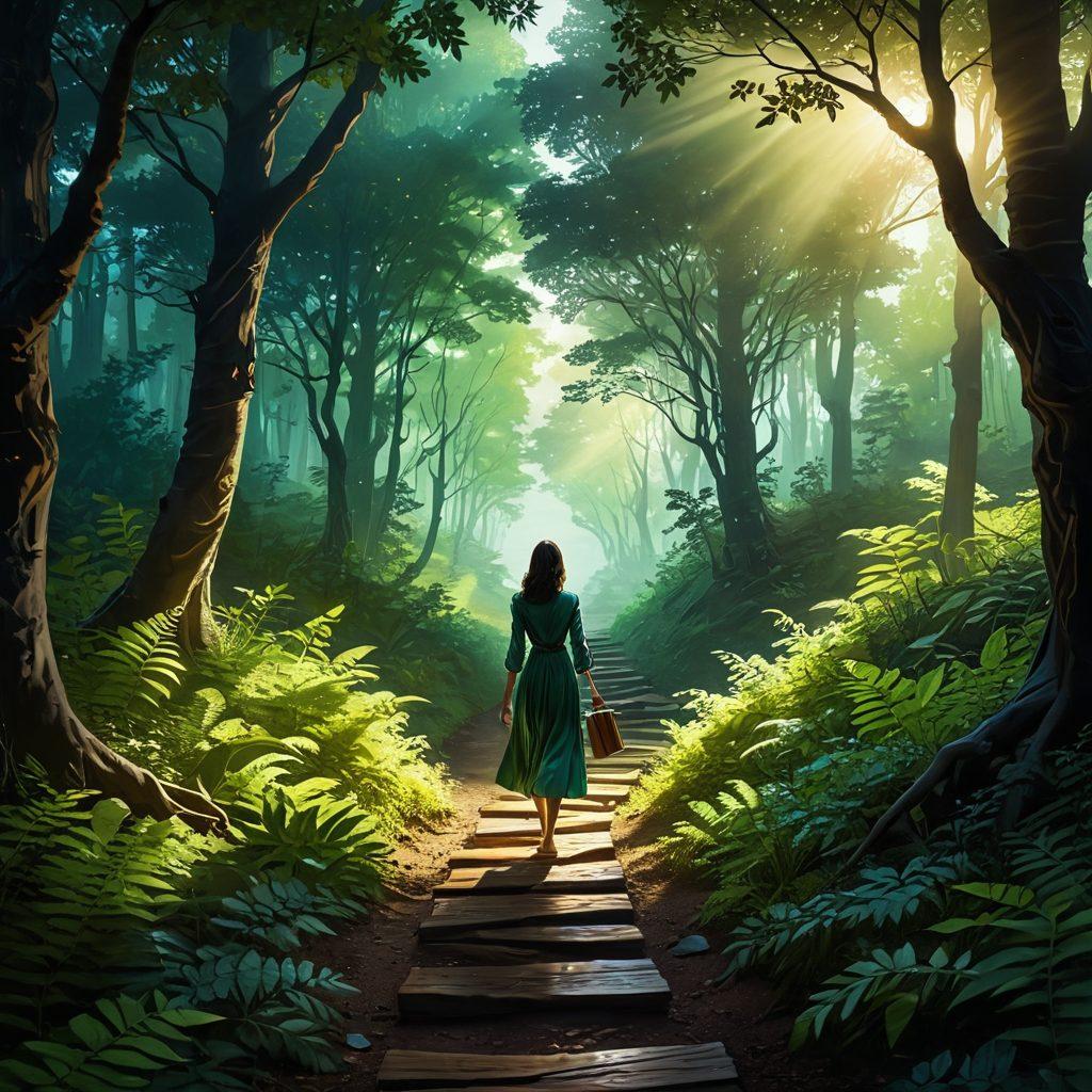 A serene path winding through a lush forest, illuminating books floating gently in the air, symbolizing the 'power of knowledge.' A bright light at the end of the path represents 'truth and understanding.' Add a silhouette of a person walking towards the light, contemplating their journey. super-realistic. vibrant colors. ethereal glow.