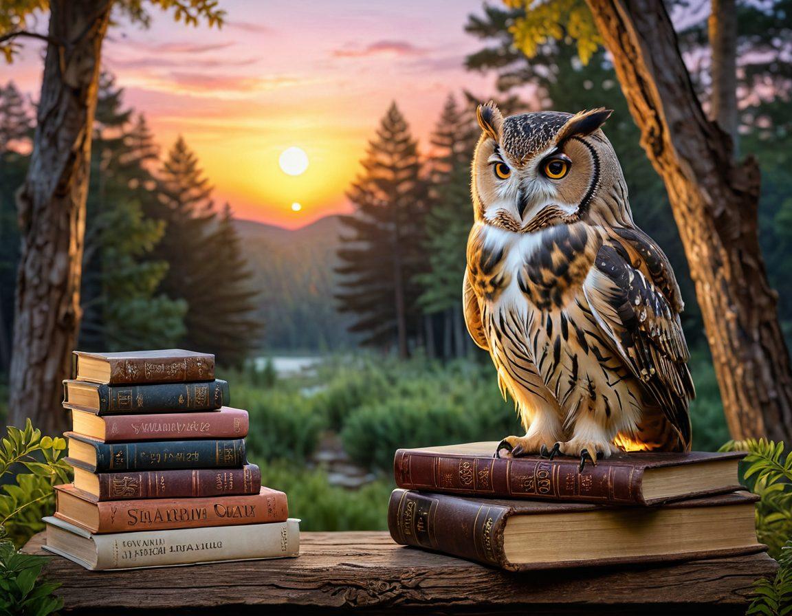 A wise owl perched atop a stack of old books, symbolizing wisdom and learning, surrounded by glowing light bulbs representing ideas and enlightenment. In the background, a winding path leads through a lush forest, highlighting the journey of lifelong learning. The sky is painted with a gradient of sunrise colors, symbolizing new beginnings. super-realistic. vibrant colors. peaceful ambiance.